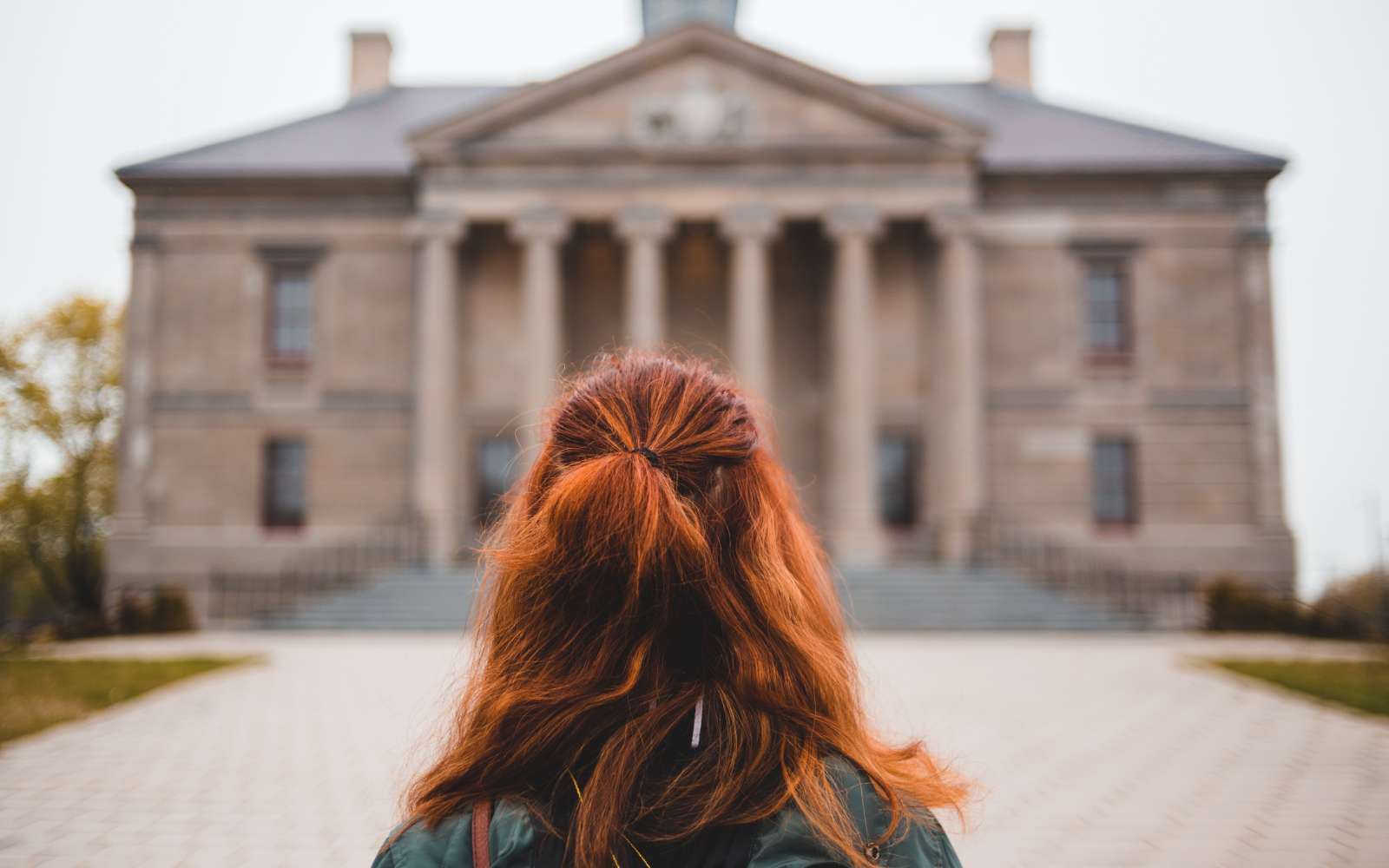 ragazza di spalle con capelli rossi crespi legati con mezza coda